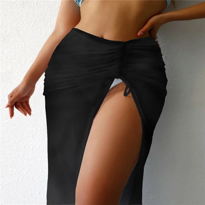 Women's Casual Beach Mid-length Skirt Fashion Solid Color Drawstring Slit Swimwear Cover Up