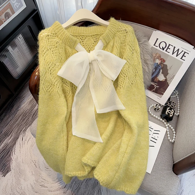 

French Style Lace Up Bow Sweater Spring Autumn Sweet Hollow Out Long Sleeved knitted Top Women's Versatile Loose O-neck Pullover