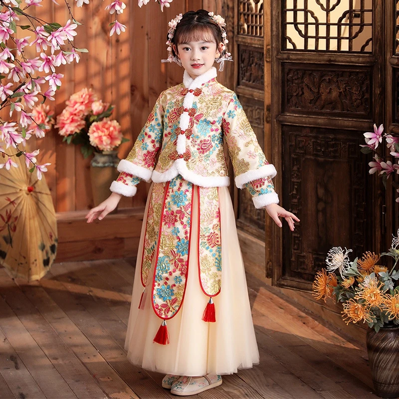 Hanbok de otoño e invierno para niños, ropa gruesa acolchada para niñas, ropa antigua, traje chino de súper Hada para niñas de flores de boda