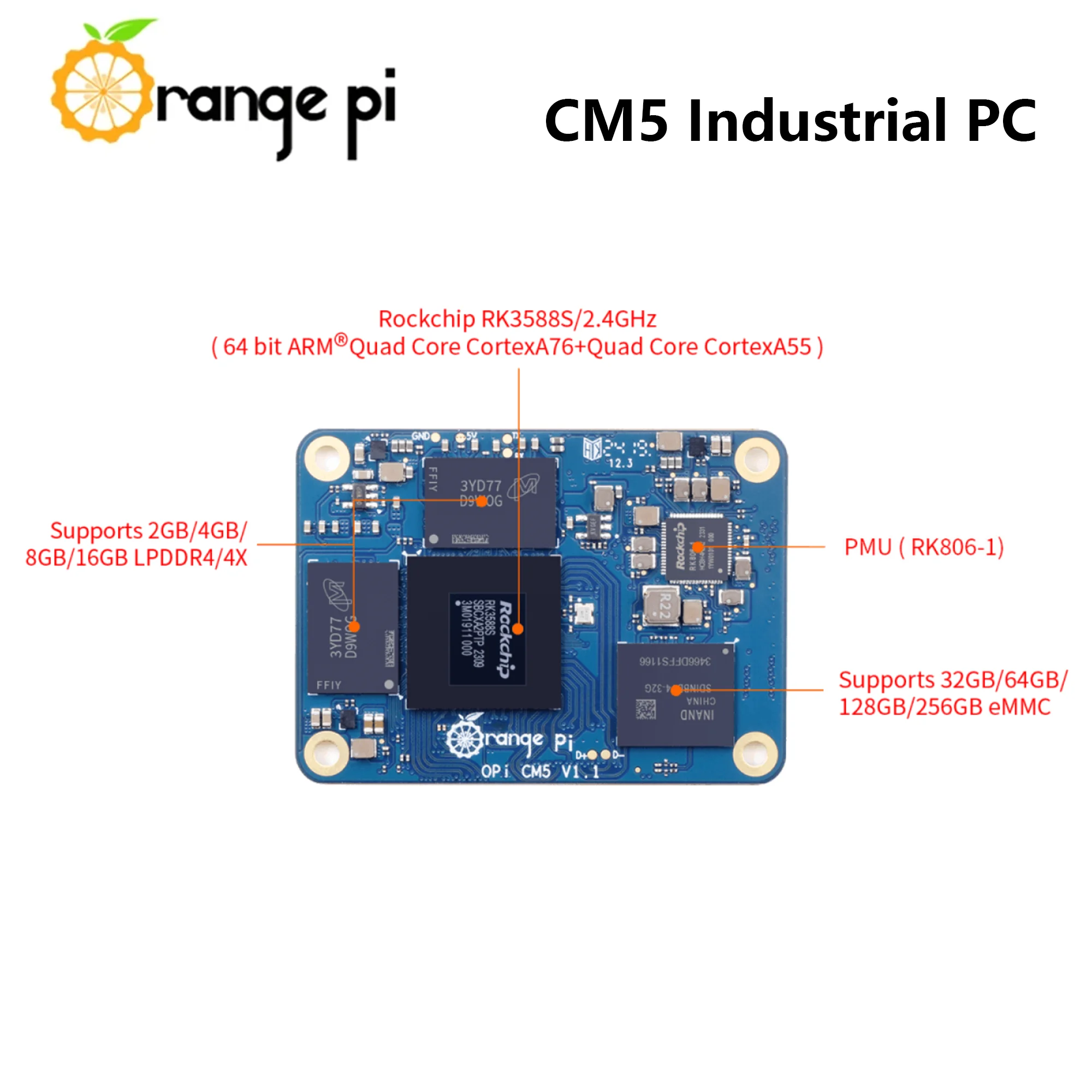 Imagem -03 - Laranja pi Compute Módulo com Placa de Desenvolvimento Ble Cm5 Rk3588s Lpddr4 gb gb 16gb 32gb Emmc 2x2.5g Ethernet Wifi5 Mais Bt5.0