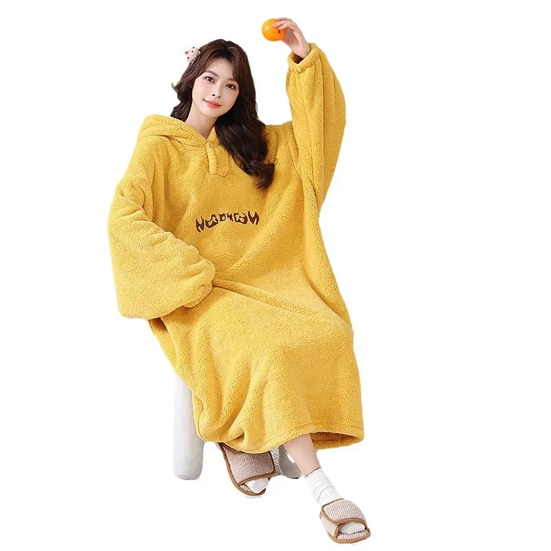 Autumn and Winter New Long Section Warm Hooded Robe Home Wear Shu Cotton Velvet Lazy Bathrobe Large Size Pajamas Home Wear