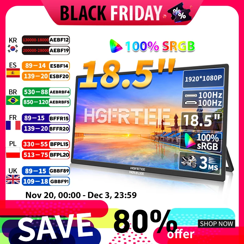 

HGFRTEE 18.5inch 100Hz 100%RGB Portable Monitor Laptop Extended Display ADS-IPS HDR Screen With VESA Hole & Back bracket