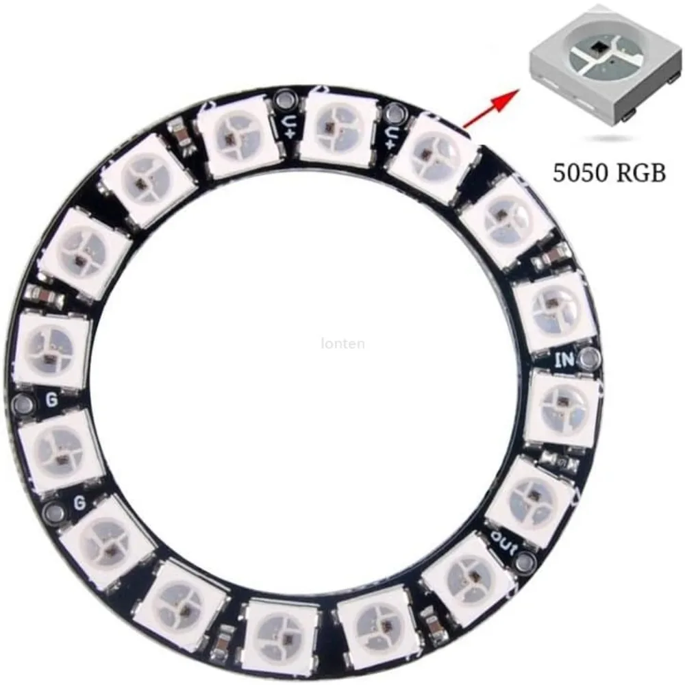 1 PC 16 Bits WS2812 RGB LED Ring 16X Full Dream Color Light LED ith Integrated Drivers Individual Addressable LT-DZ0010