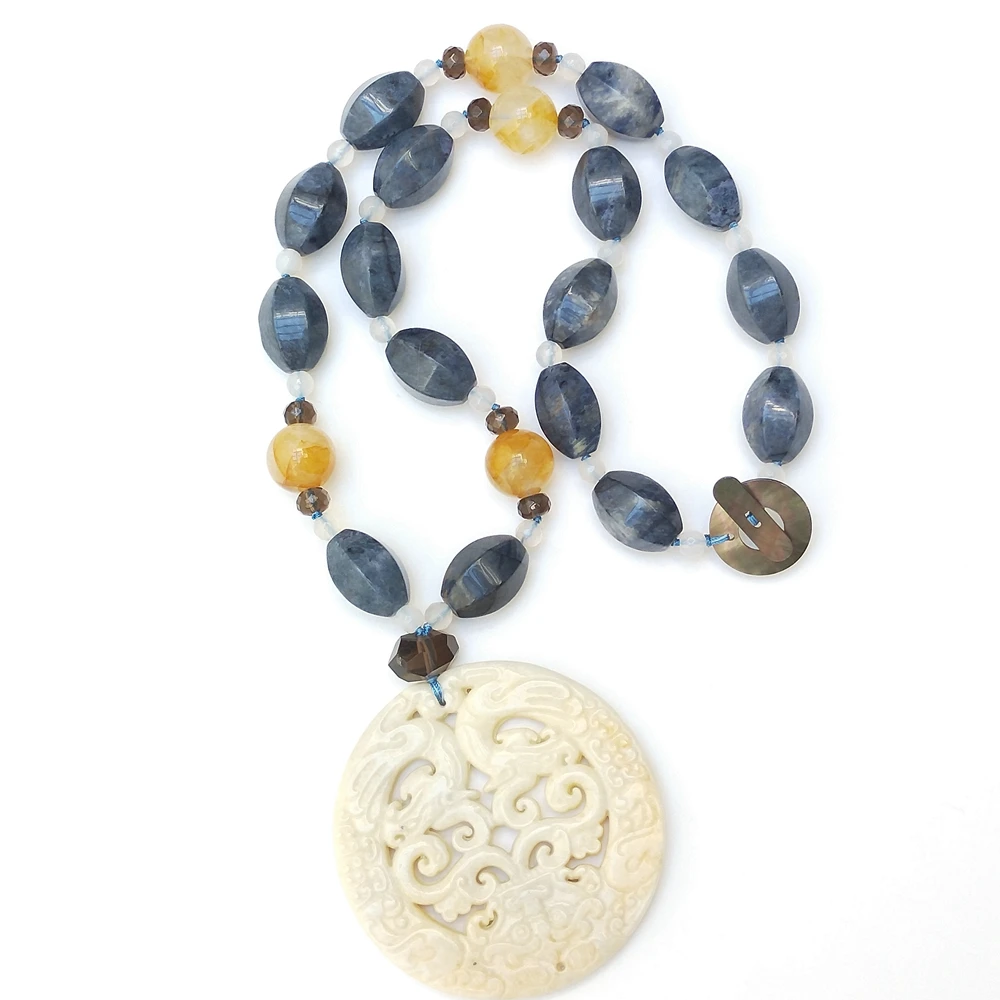 Lii Ji Natural Stone Necklace 64cm Blue Stone Yellow Quartz Jade Pendant Necklace Stock Sale Jewelry Gift