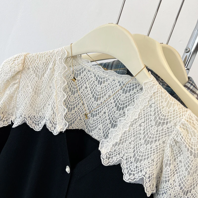 Patchwork renda feminina de malha cardigan camisa roupas verão alta estiramento manga curta solta senhoras topos
