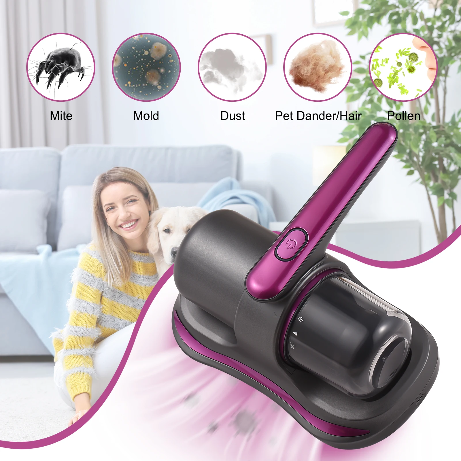 Bed Vacuum Cleaner 8KPa Suction Cordless Mattress Vacuum Cleaner with HEPA Filter 100W Kills Allergens Mite 2- Speed Vacuums