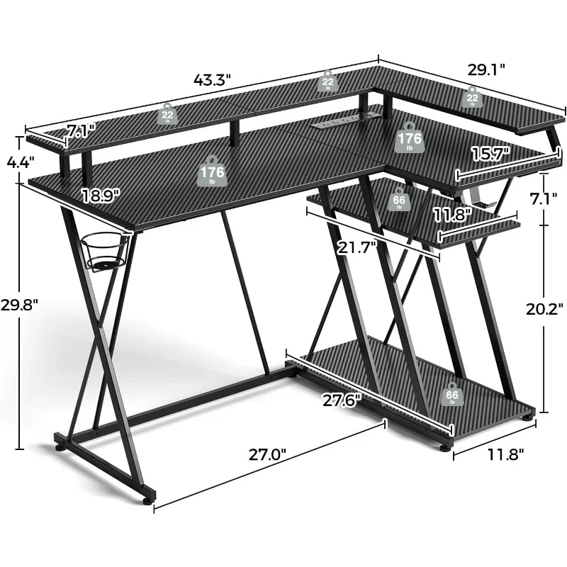 L Shaped Gaming Desk with LED Lights & Power Outlets, 43” Reversible Corner Desk with Storage Shelf, with Hooks, Black