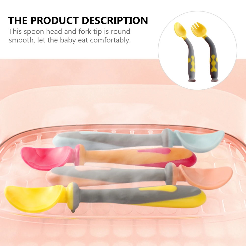 

1 set 1 Baby Fork Spoon Set Bendable Infant Feeding Tableware Suction Cup Base High Temp Resistant Round Smooth Tips