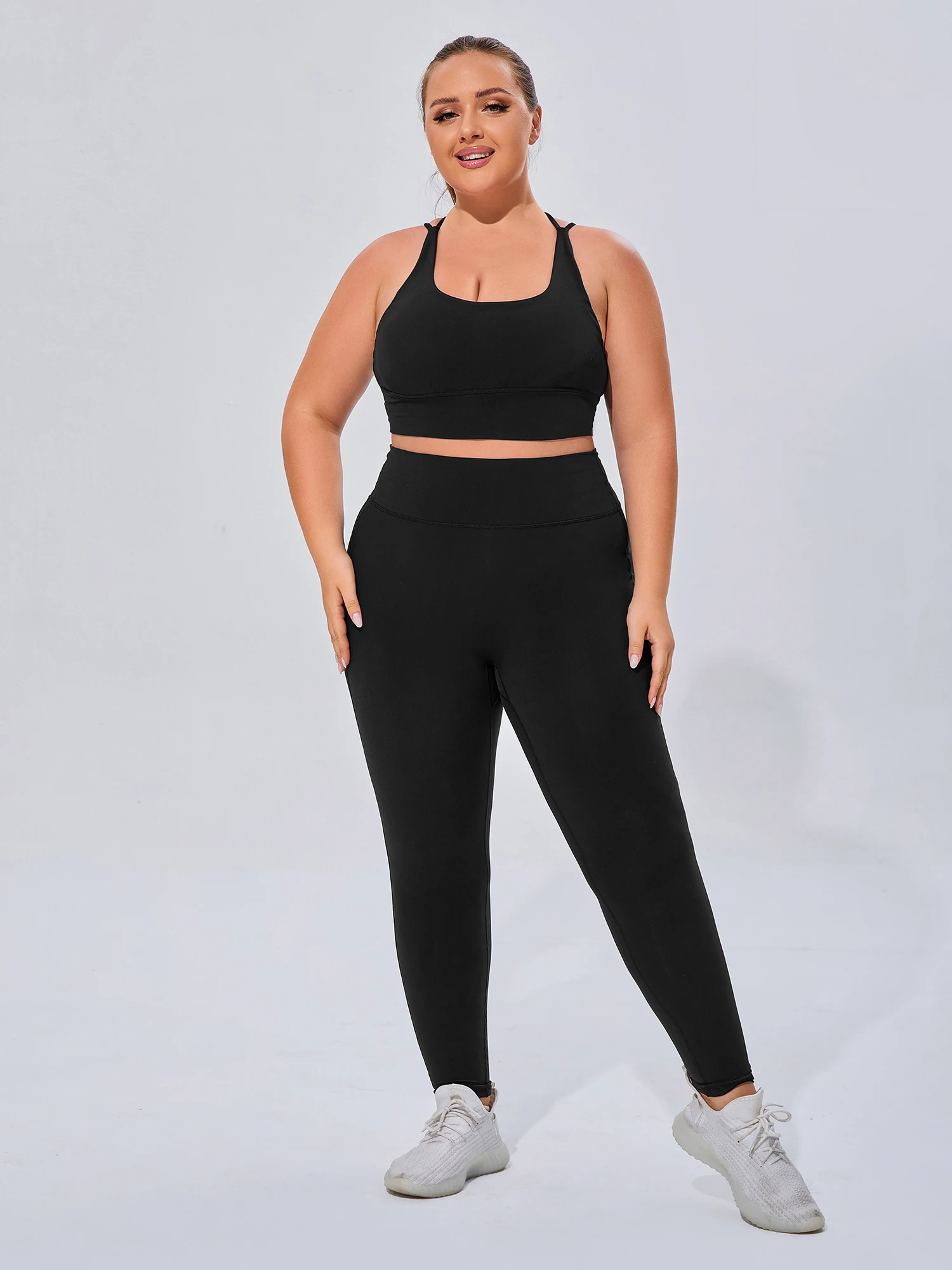 Sutiã palangre de tiras feminino acolchoado colheita superior cami plus size leggings de cintura alta para yoga wear, terno de fitness, conjunto de 2 peças