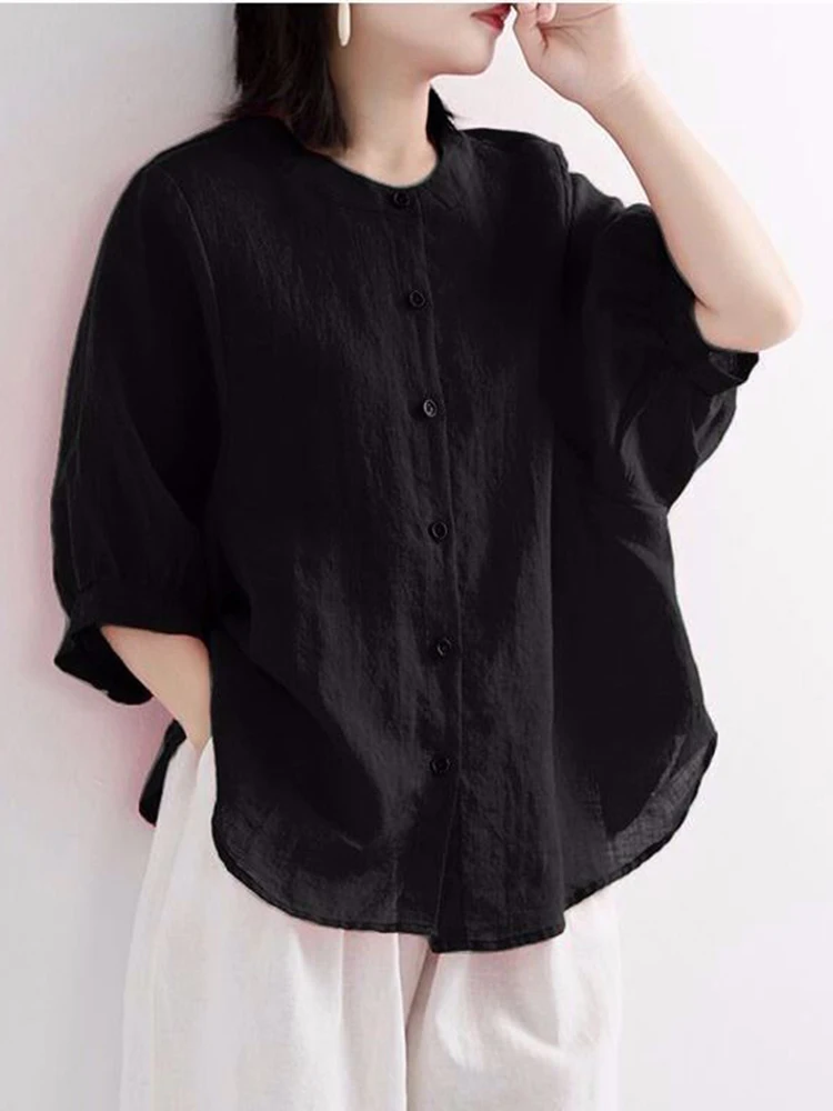 ZOKI Casual Cotton Linen Shirts Oversize Summer Lantern Half Sleeve Tops Summer Korean Loose Mom Button Up Blouse Dropshipping