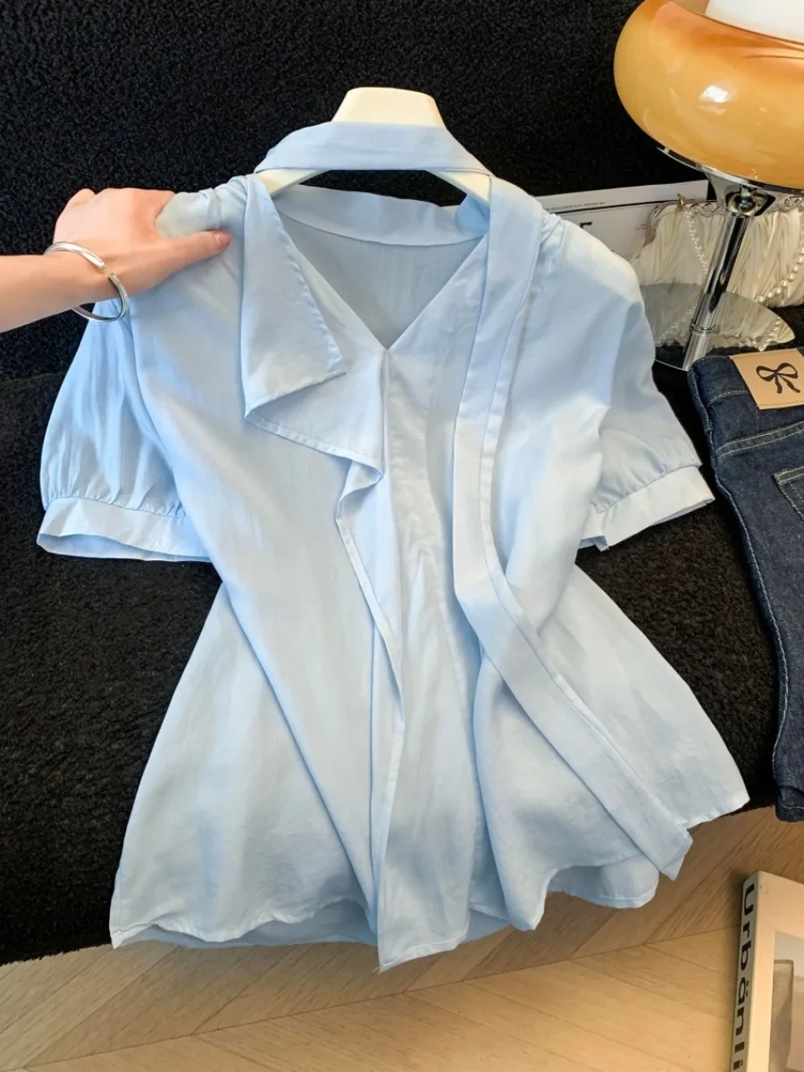

Summer Thin V-neck Shirt Women's Gentle Style Blue Blouse Irregular Hemline Korean Version Cotton Material Commute Style