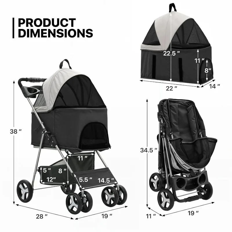 3 in 1 Foldable Pet Stroller for Small & Medium Dogs, Detachable Carrier, Car Seat, Push Button Entry, 4-Wheel Jogger for Pets