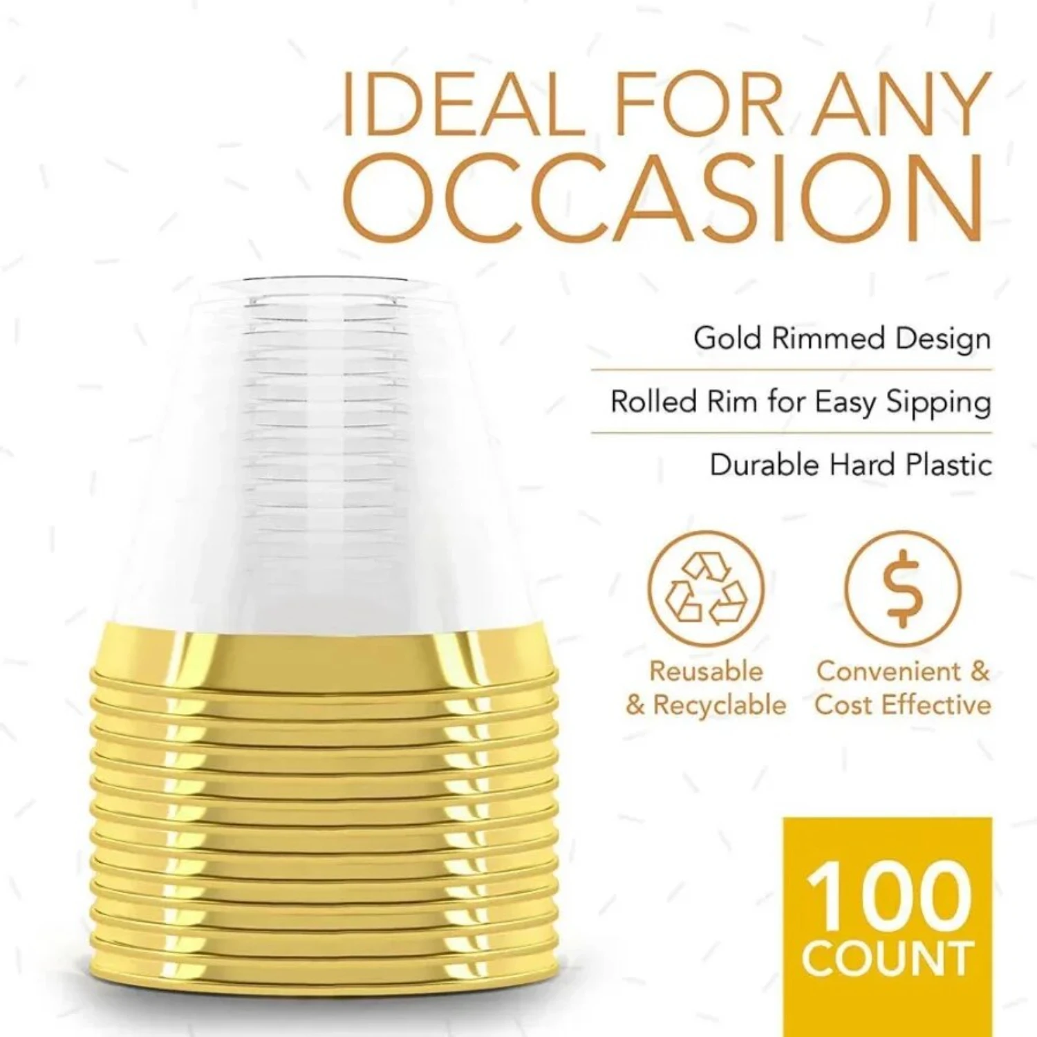 Copo plástico dourado descartável, elegante Party Cup, plástico transparente e G, elegante e durável, 9 Oz