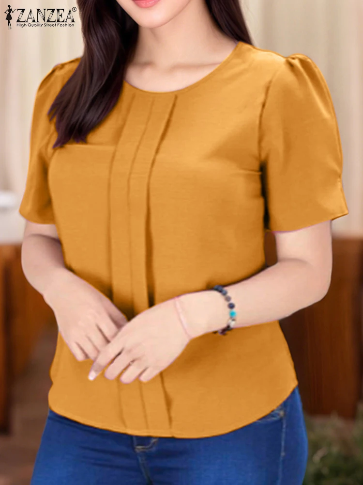 

ZANZEA Women Blouse 2025 Summer Short Sleeve Tunic Tops Casual Pleated Solid Color Shirts O-Neck Loose Korean Blusas Femininas