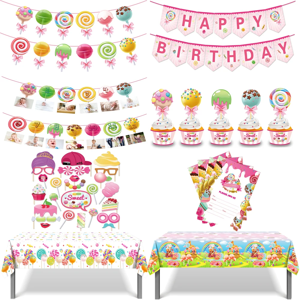 Doces Lollipop Tema Toalhas De Mesa Descartáveis, Baby Shower, Birthday Party Banner, Bolo Toppers, Camping Backdrops Decorações