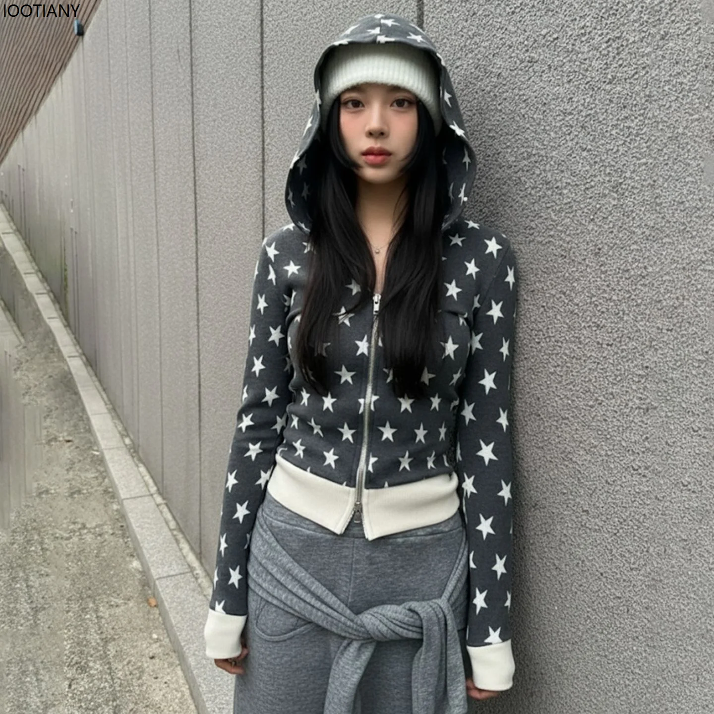 

Y2k свитер с капюшоном и воротником со звездами, куртка ранней осени, короткий кардиган в повседневном стиле для девочек, верхняя женская одежда 2026