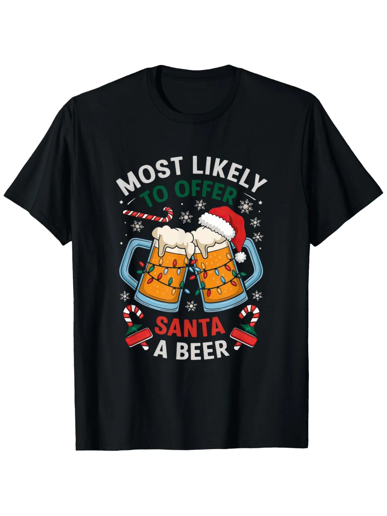 

Funny Christmas Beer Party T-Shirt Most Likely to Offer Santa a Beer Holiday Drinking Shirt with Santa Beer Mugs Tee