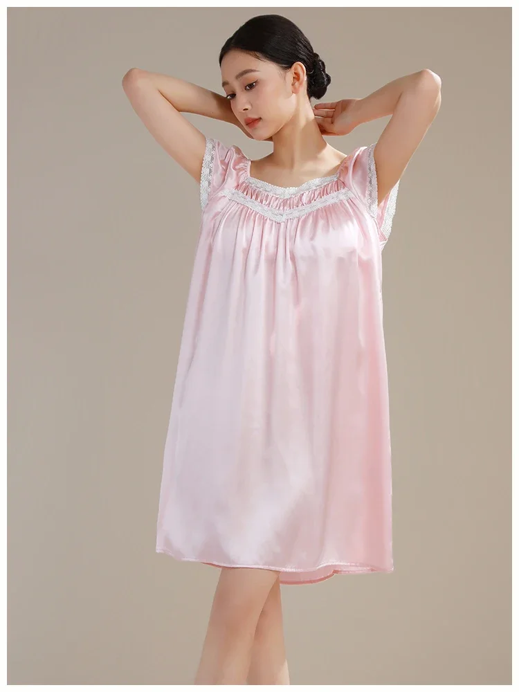 19Momme 100% Mulberry Silk Lace Trim Nightdress with Bra Pads Women's Nightshirt Short Sleeve Sleep Dress Nightgown Pajama Dress