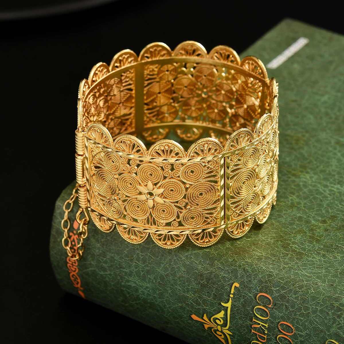 Ornate Filigree Flower Cuff Bracelet Gold Tone Wide Bangle For Evening Dress Fashion Jewelry