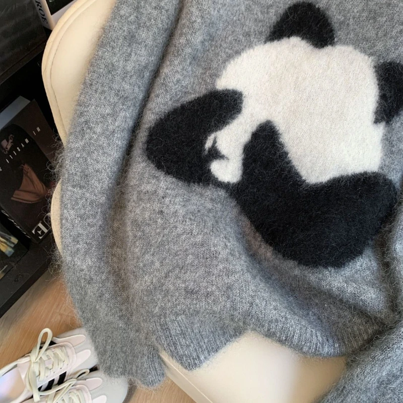 Dayifun-suéter jacquard panda fofo para mulheres, cor sólida, quente, tops femininos de malha outono/inverno, gola redonda, solto, pulôveres