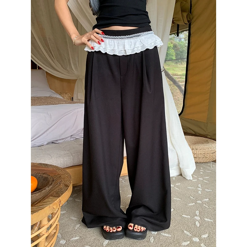 

PBAP Contrast Lace Trim Spliced Suit Pants Women Low Waist Pleated Front Loose Casual Straight Trousers Vintage Holiday Clothes