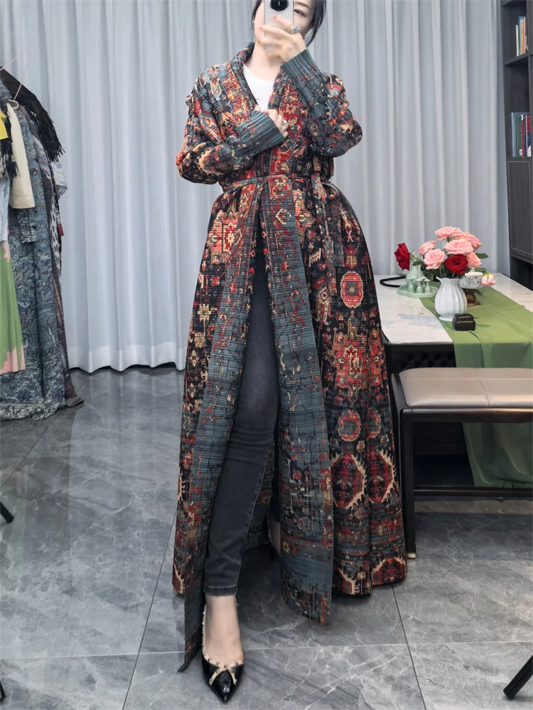 Abaya Long Trench Coat Miyake Women\'s Summer Style Elegant Wrinkled Loose Large Size Printed Middle East Cardigan Robe Tide