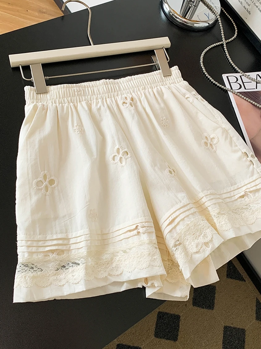 Embroidered Hollow out Lace Shorts Women's Summer Fashionable Thin Pants Loose Wide Leg Casual Trousers High Waist Comfortable