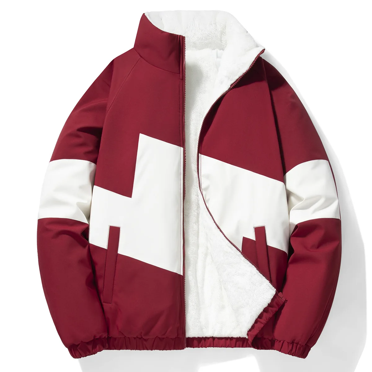 2025 mann Jacke Winter Verdicken Fleece Kontrast Farbe Stehkragen Männer Unten Mantel Mode Lange Sleeve Zipper Männliche Oberbekleidung