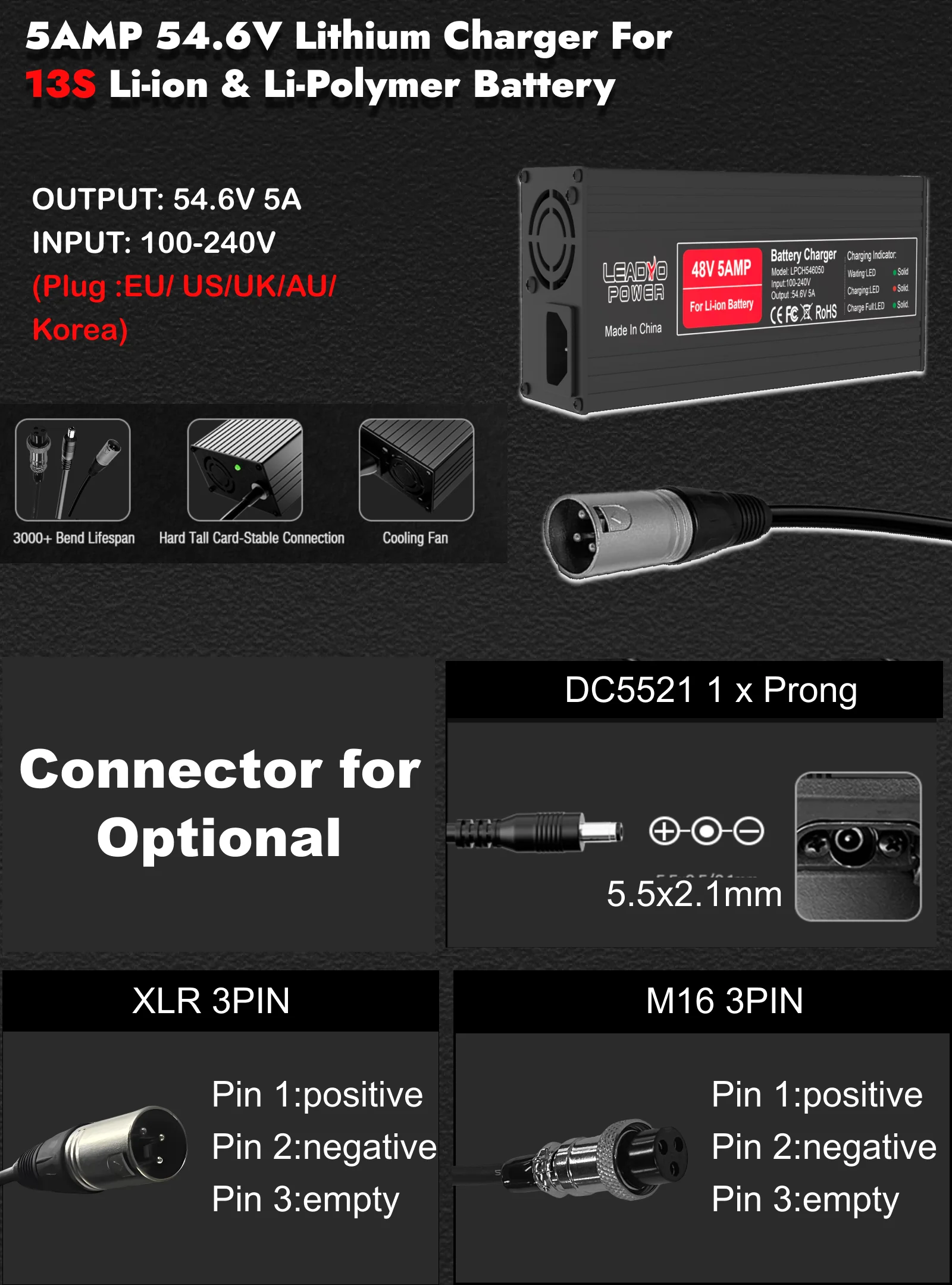 54,6V 5A Ladegerät Lithiumbatterie für 48V 13S Li-io Ebike mit DC2.1 XLR-3PIN M16 Stecker Aluminiumgehäuse 48V Smart Schnellladegerät