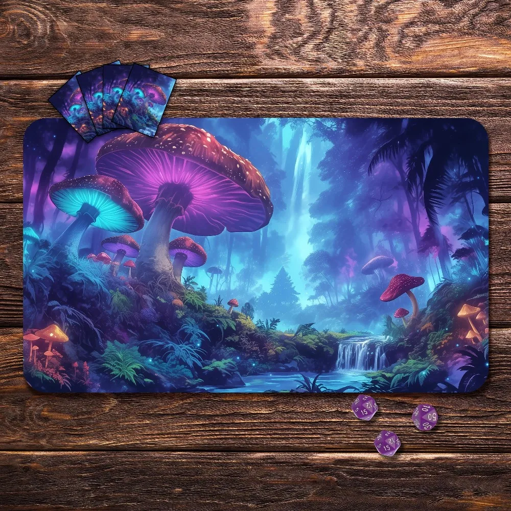 TCG Playmat Fantasy Giant Glowing Mushroom Forest Neon Bioluminescent  Woodland Art Non‑Slip Large Desk Mat for Card Game