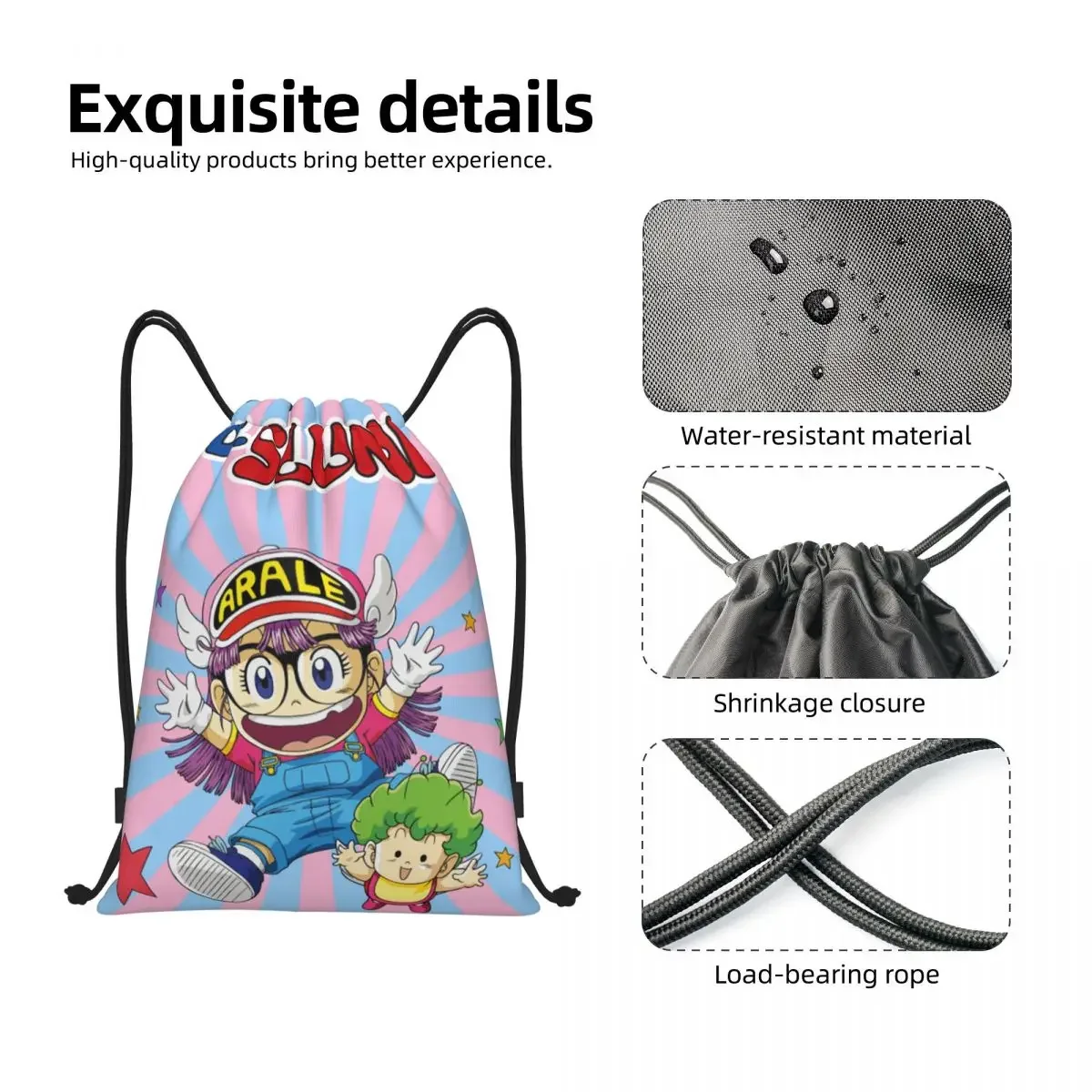 Custom Dr. Slump Anime Manga Drawstring Backpack, Sports Gym Bag para homens e mulheres, Arale Norimaki e Gatchan Training Sackpack