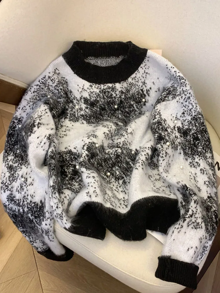 

Fashion Simple Classical Soft Knitted Sweater Korean Fashion Tie Dyed Pullovers Pearl Chic Autumn Y2K Streetwear Black Gothic