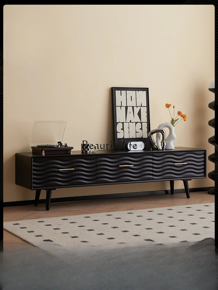 Solid Wood Living Room TV Cabinet and Tea Table Combination Small Apartment Home Black Retro Floor Cabinet