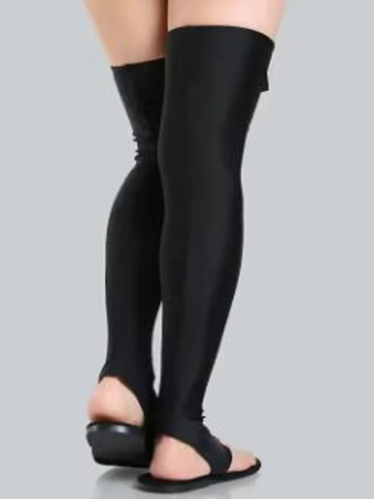 Black Burgundy Stretch Cuts Out Clip Toe Thong Over The Knee Boots Flat Pull On Gladiator Thigh Slim Long Boots Beach Sandals