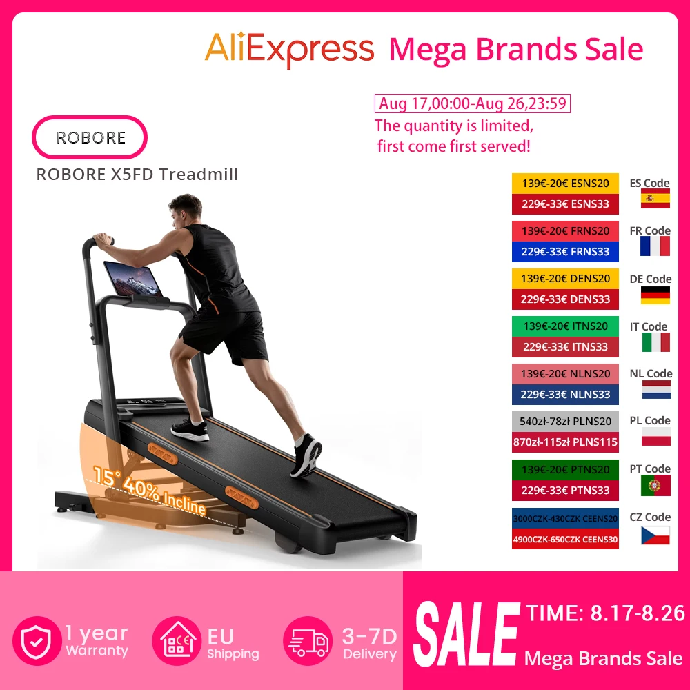 Tapis roulant pliable ROBORE X5F avec inclinaison de 14 %, moteur silencieux de 2,5 CV, vitesse maximale de 10 km/h, charge maximale de 150 kg, écran LED et télécommande