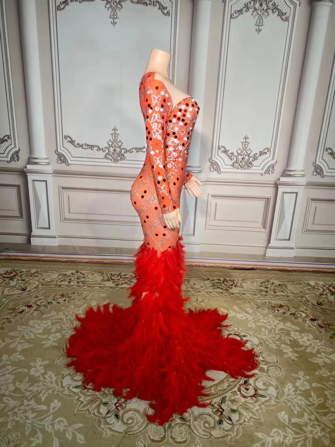 Red Color Feathers Ladies Long Sleeve Beading Trumpet Floor-Length Dress Bodycon Evening Party Dress Singer Show Stage Costume