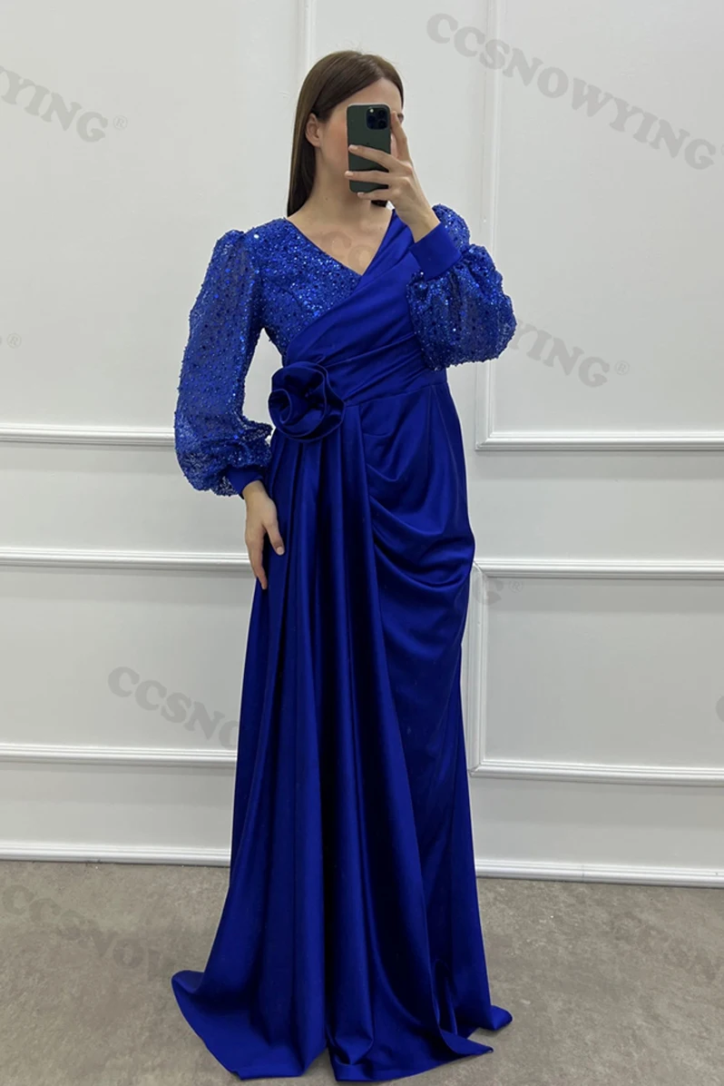 

Sequin Beaded with Slit Prom Dresses Satin Long Sleeve Double V Neck Formal Evening Party Gown Women Robes De Soirée