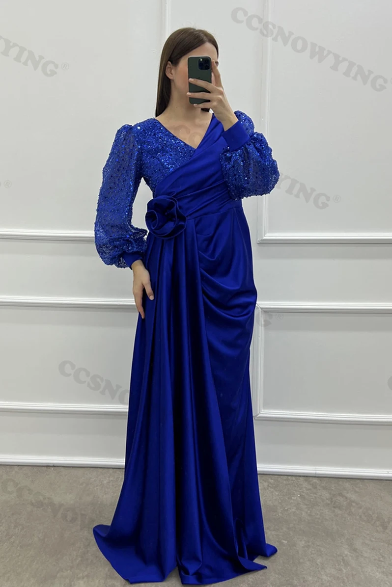 Sequin Beaded with Slit Prom Dresses Satin Long Sleeve Double V Neck Formal Evening Party Gown Women Robes De Soirée