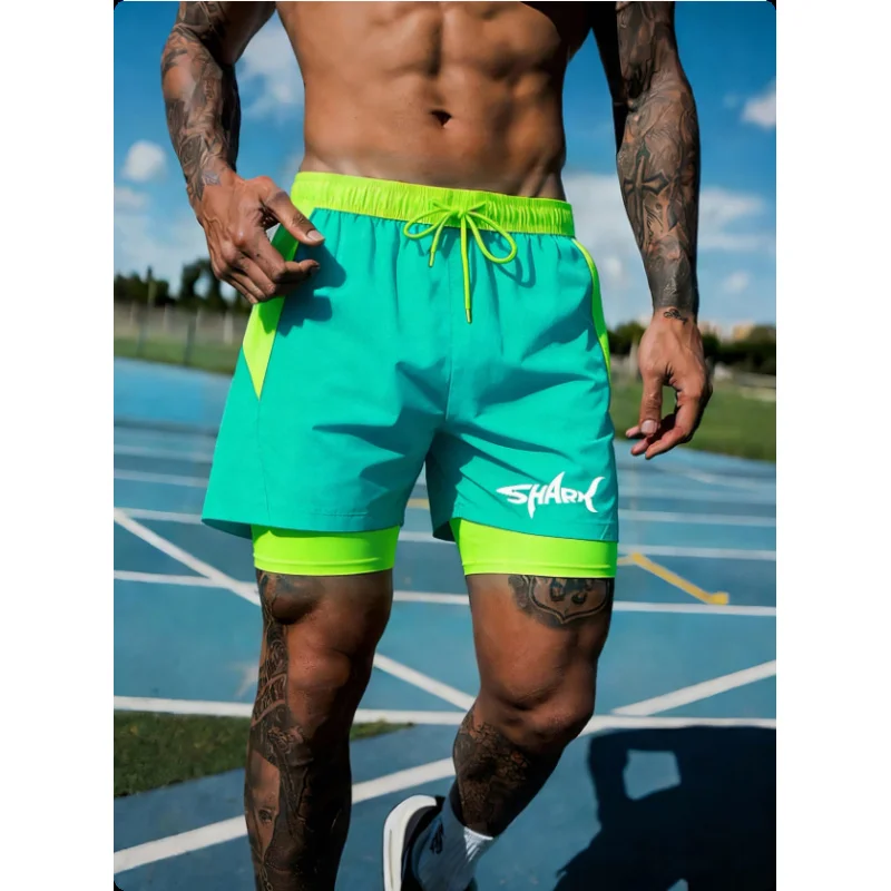 Surfing gym workout men's double-layer sports shorts 2-in-1 men's quick drying compression pad pocket running training