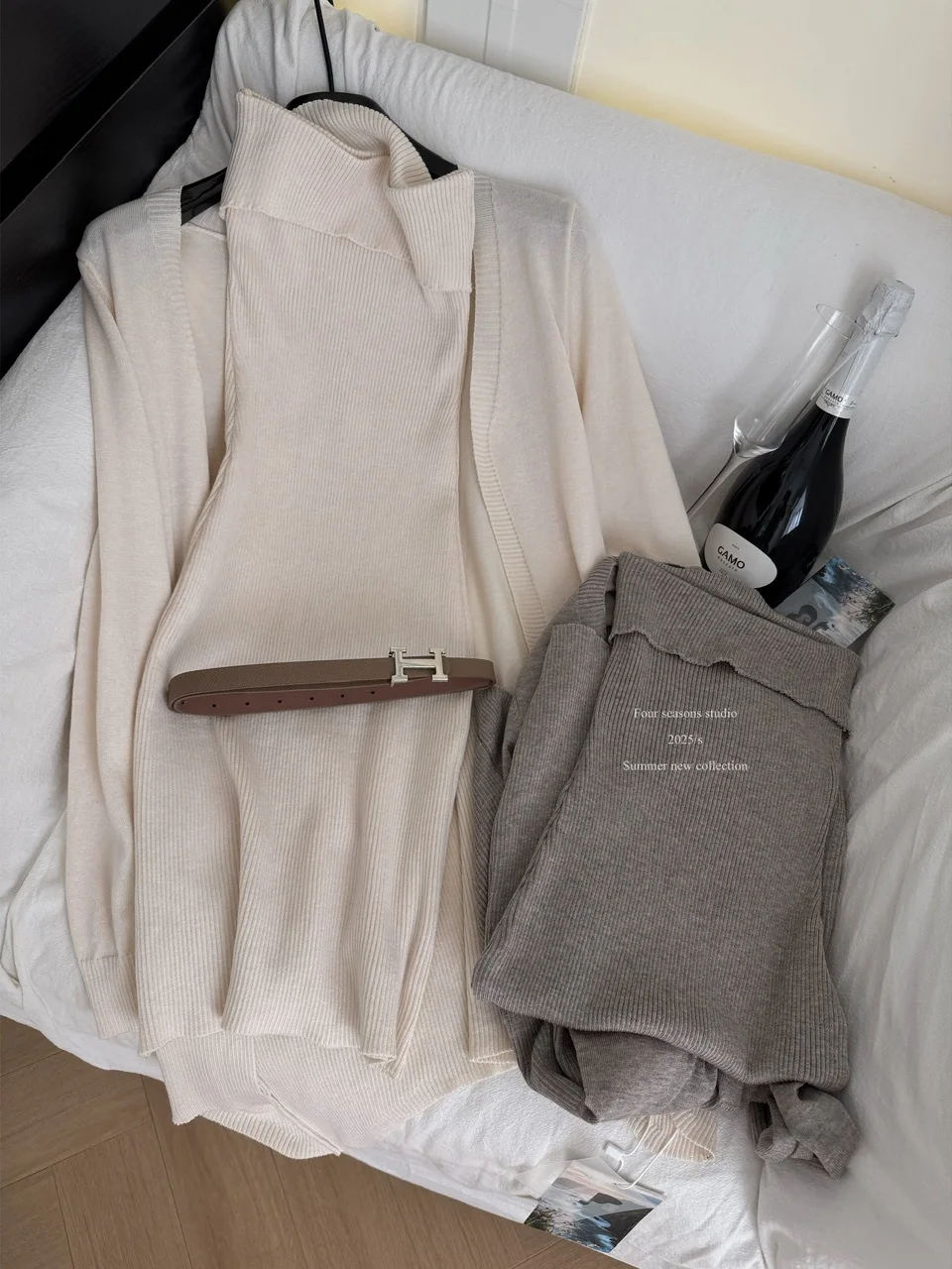 Sli Langes Strickjacke- und Röhrenoberteil Dr Zweiteiliges Set mit Gürtel Hohe Taille Französische Sle-Farbe Herbstfaion