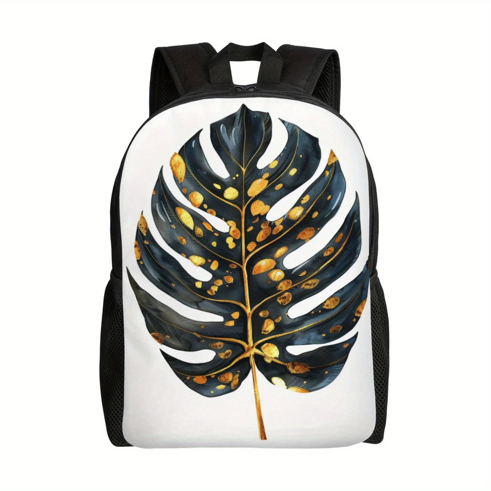 A black backpack with gold dot leaf print suitable for both men and women, perfect for high school and college backpacks