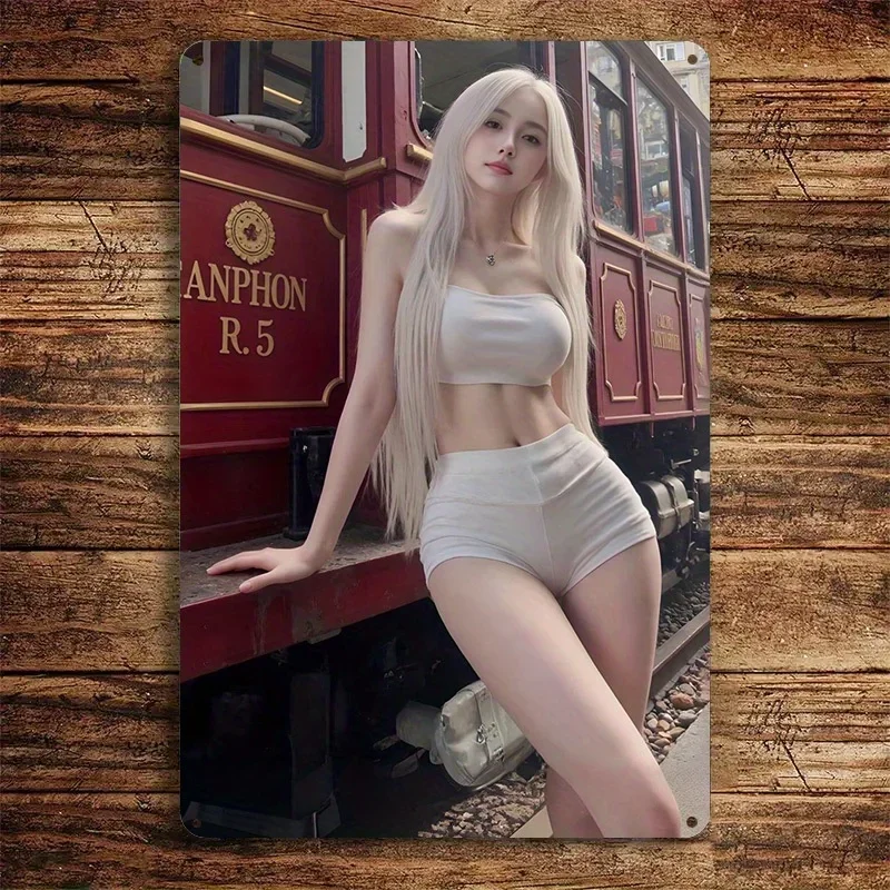 HD Metal Tin Sign, Stunning Blonde in White Tube Top & Shorts Vintage Metal Poster, Urban Aesthetic Wall Art Decor for Home Bar