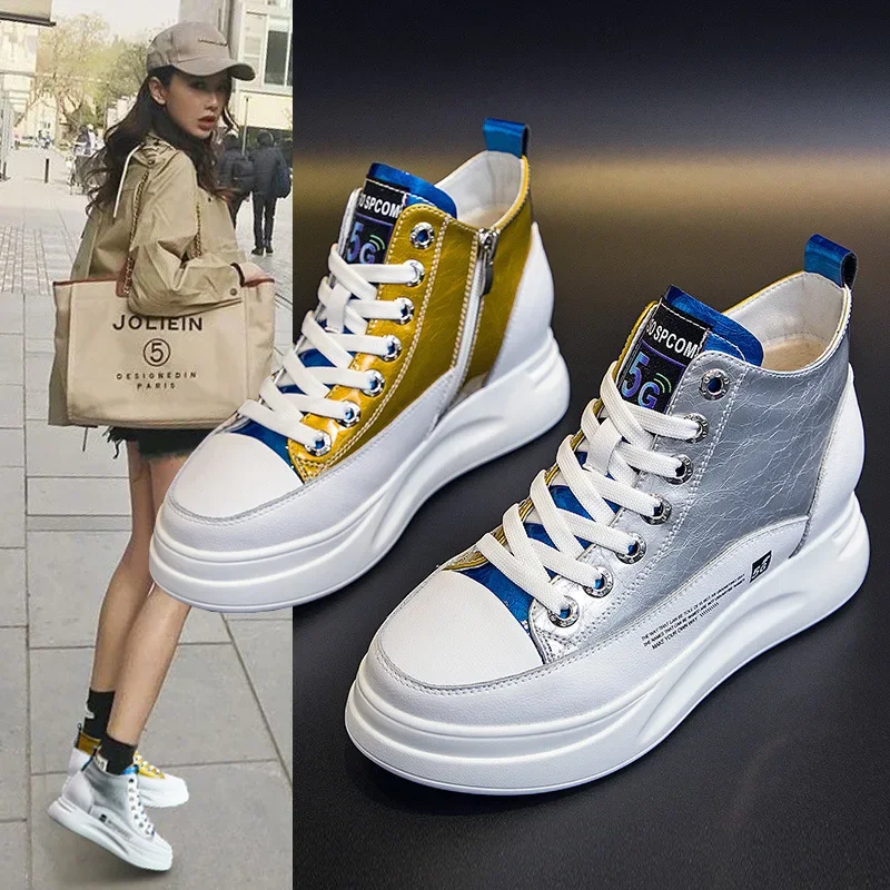 

High top small white women's inner heightening sponge cake small white leather color matching board shoes designer luxury