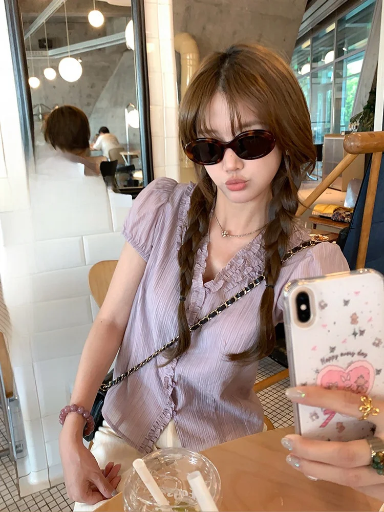 

Miaolab Silk antung Ruffle Collar Slim Fit irt Women's New Sle Commute Korean Version Breathable Skin-friendly ort Sl...