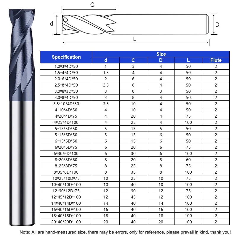 YIFINO HRC50 2-Flute Milling Cutter Tungsten Steel Carbide Nano Coating Flat End Mill For CNC Maching Center Endmills Tools