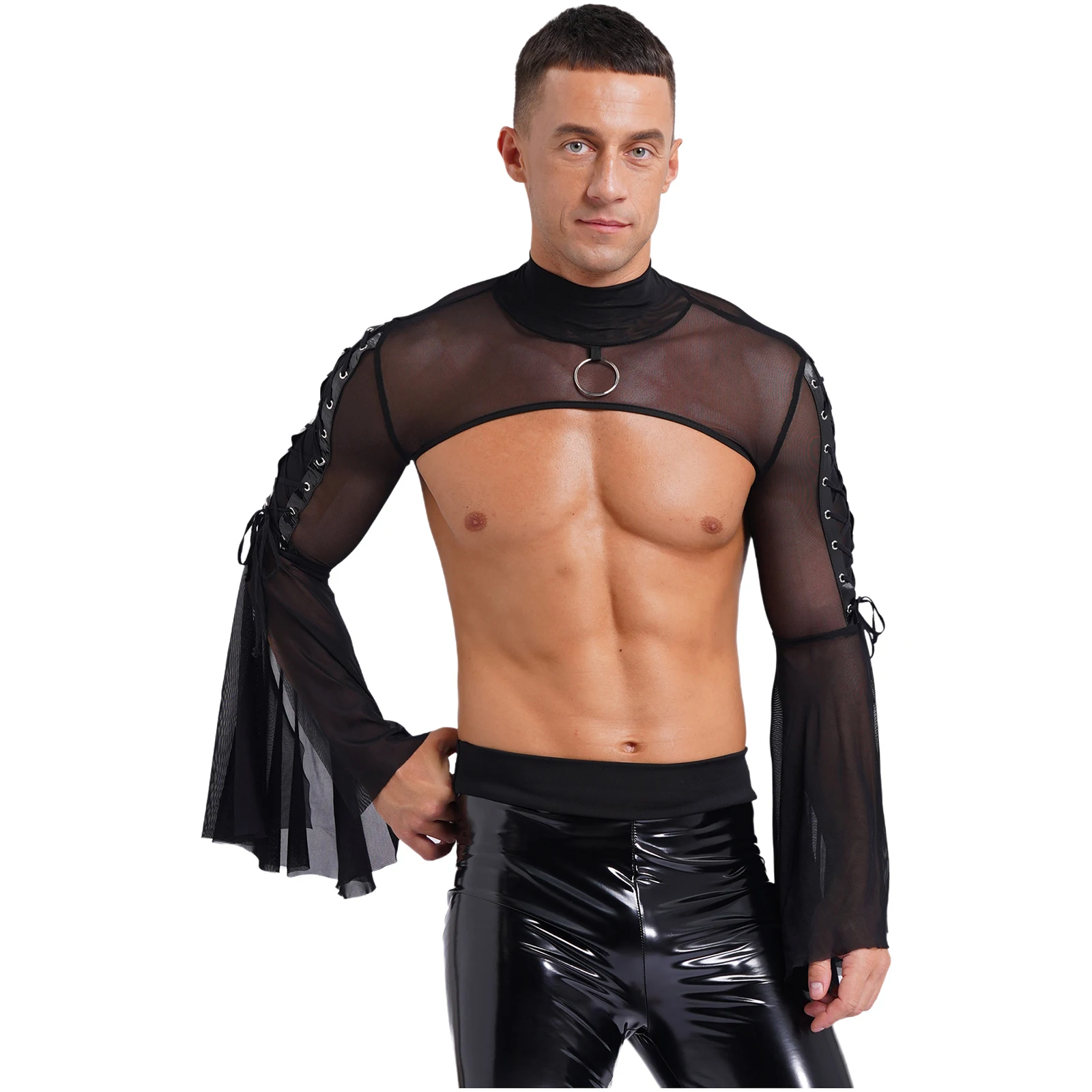 Gótico Punk Flare manga Crop Top masculino, transparente encolher de ombros de malha, pescoço simulado, o-ring Lace-up Tops, festa temática Rave, Clubwear