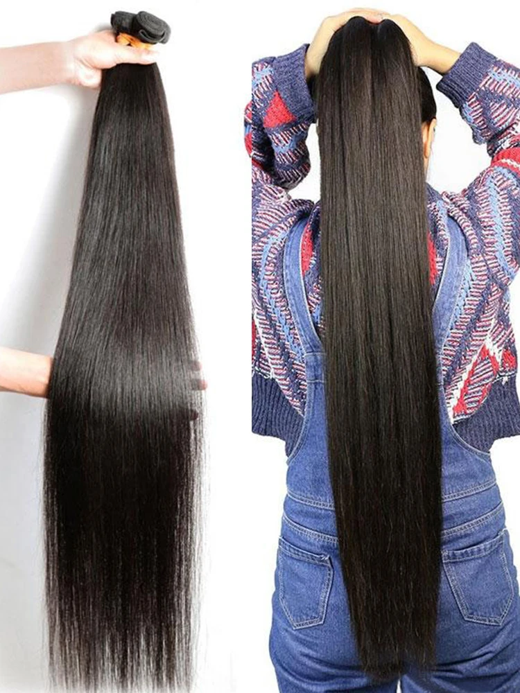 บราซิลตรงผมมนุษย์ 30 32 34 นิ้ว 10A 100% ที่ยังไม่ได้ Virgin Human Hair สาน 3 รวมกลุ่ม Deal ธรรมชาติสีดํา