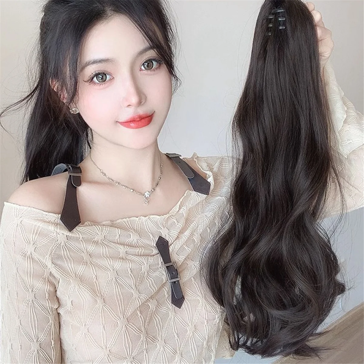 Dark Brown Wig Female Ponytail Grab Clip Style Hip- High Ponytail Natural Forcing Fake Ponytail Female Braid