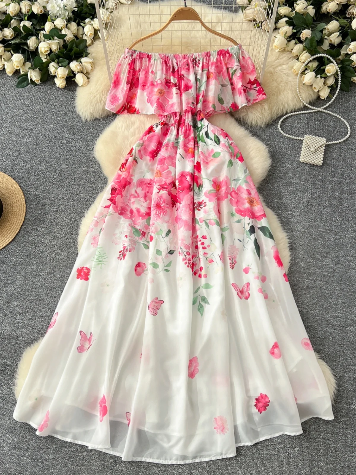 Ele Langer Rock Damen One-Shoulder-Chiffon Dr Hohe Taille A-Linie Midi Dr Frühling Pendeln Sle Blumendruck gerafft...