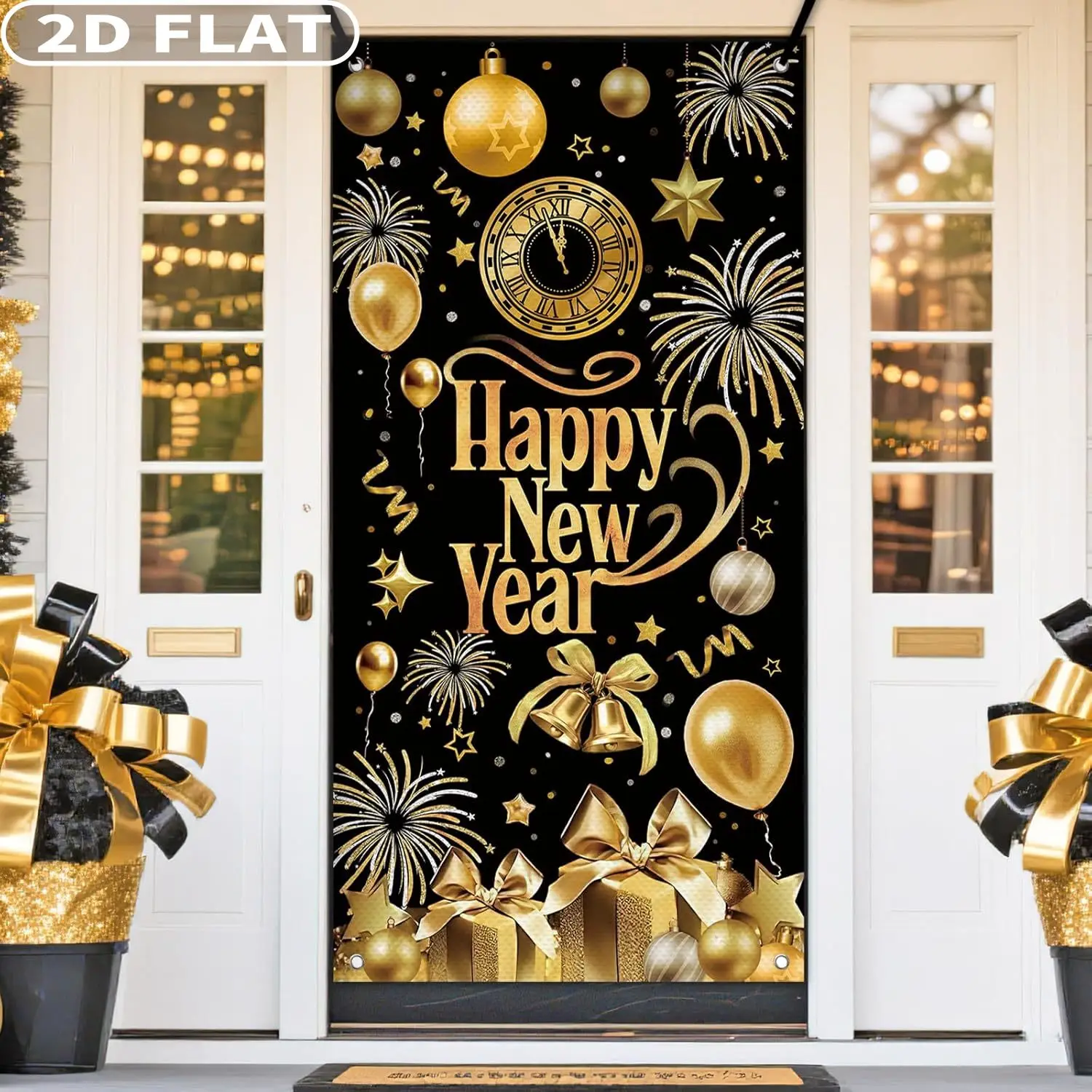 

1pc Happy New Year 2026 Front Door Banner, 3x6 FT Black Gold Clock Balloon Gift Bell Decorative Banner, 2026 Party Banner